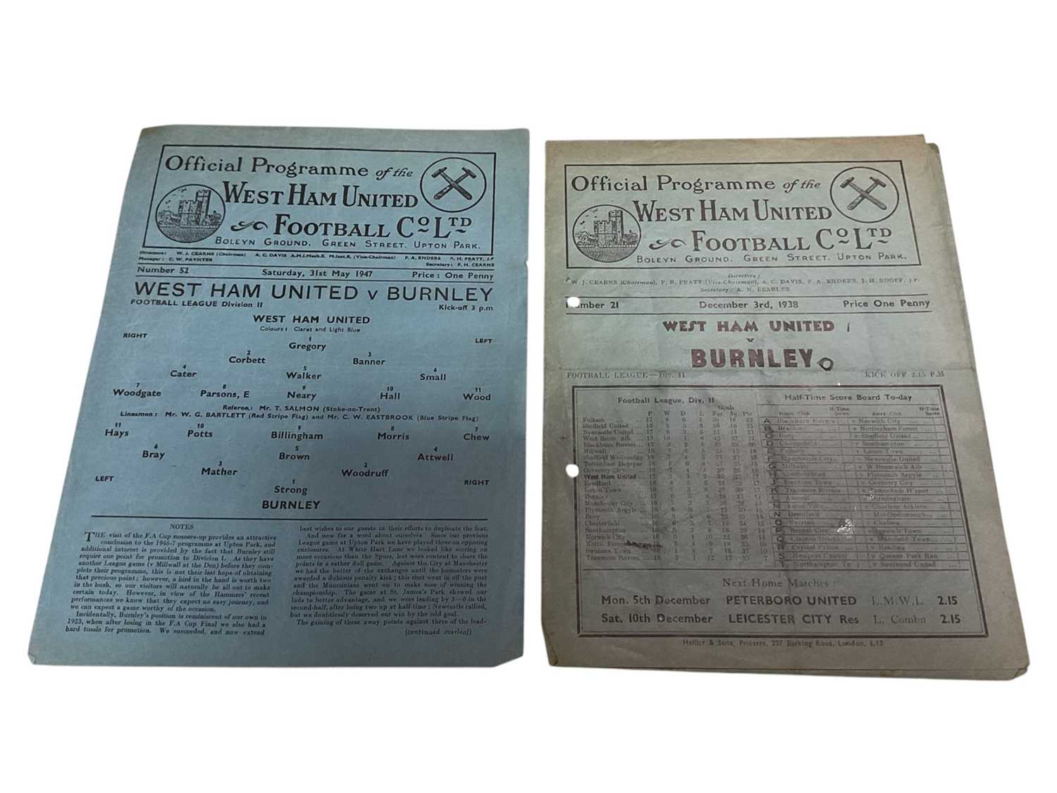 Lot 69 - West Ham v Burnley December 3rd 1938 Football League Division II, 31st May 1947 Football League Division II (2)