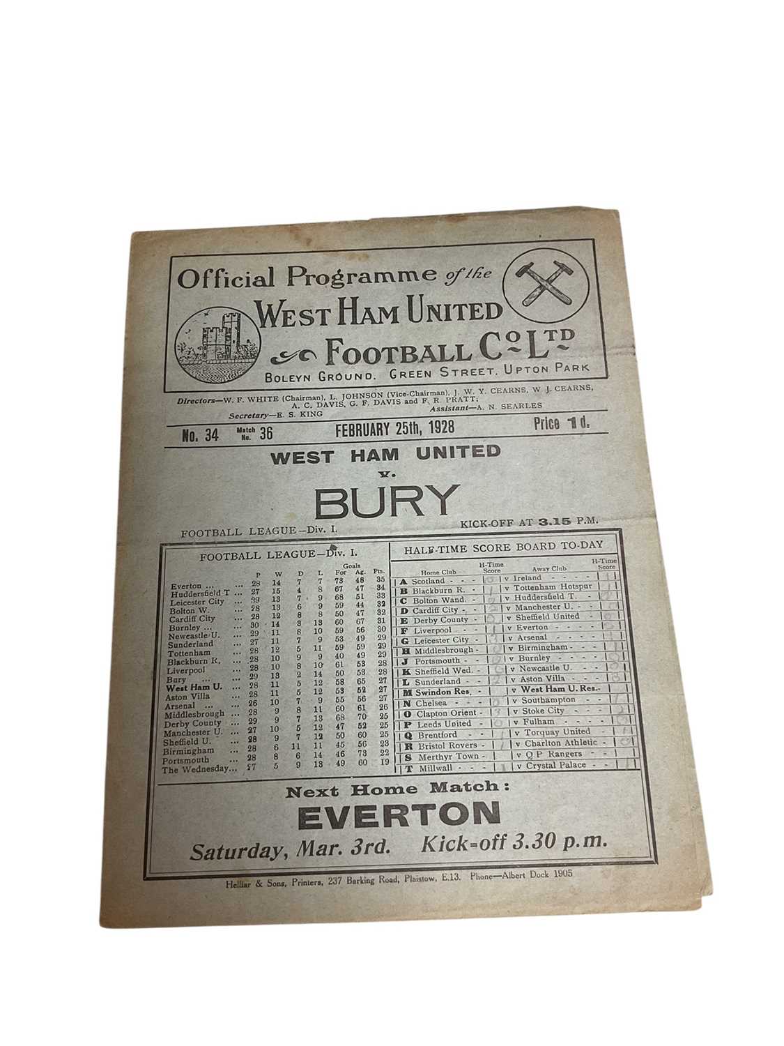 Lot 70 - West Ham v Bury February 25th 1928 Football League Division I