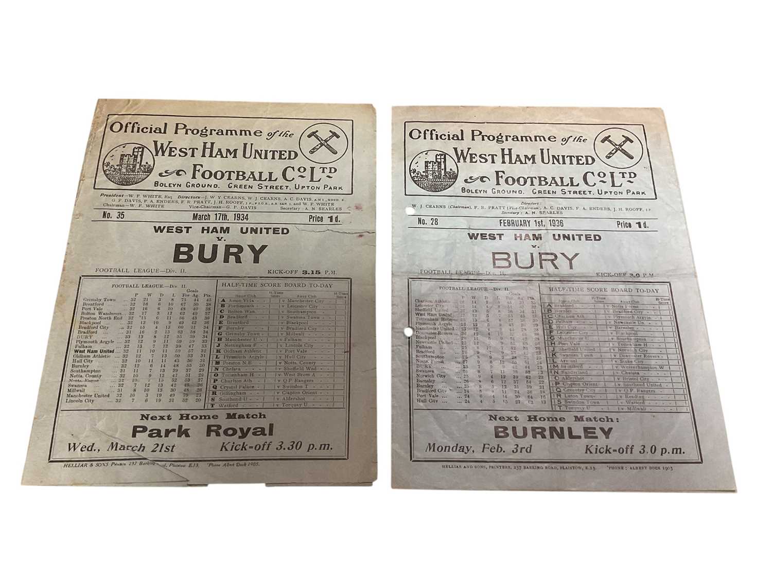 Lot 72 - West Ham v Bury March 17th 1934, February 1st 1936, both Football League Division II
