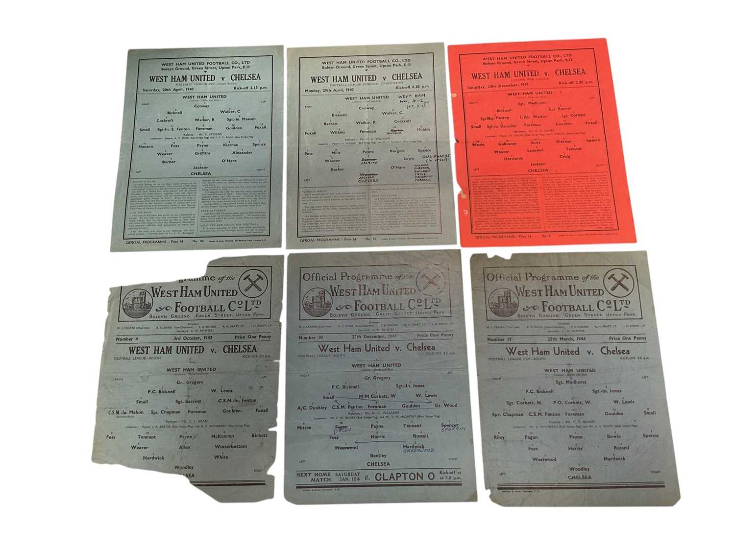 Lot 84 - West Ham v Chelsea 20th April 1940 Football League Cup, 29th April 1940 Football League Regional Competition, 20th December 1941 London War League, 3rd October 1942, 27th December 1943, 25th Mar...