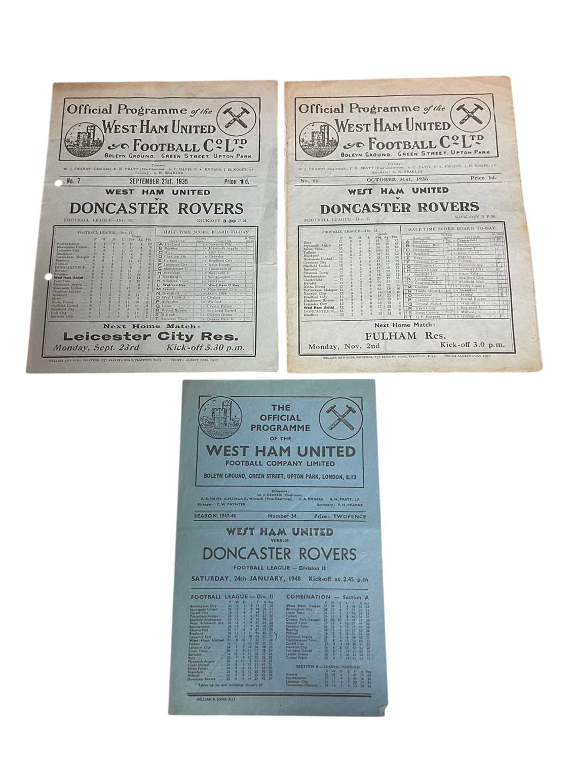Lot 85 - West Ham v Doncaster Rovers September 1st 1935, October 31st 1936, 24th January 1948, all Football League Division II (3)