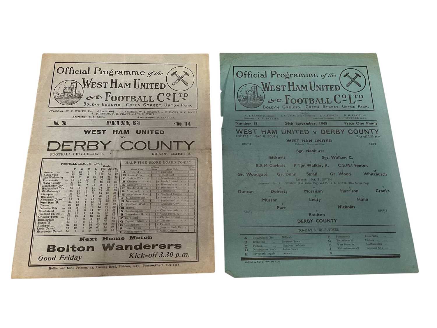 Lot 92 - West Ham v Derby County March 28th 1931 Football League Division I, 24th November 1945 Football League South (2)
