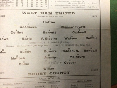 Lot 92 - West Ham v Derby County March 28th 1931 Football League Division I, 24th November 1945 Football League South (2)