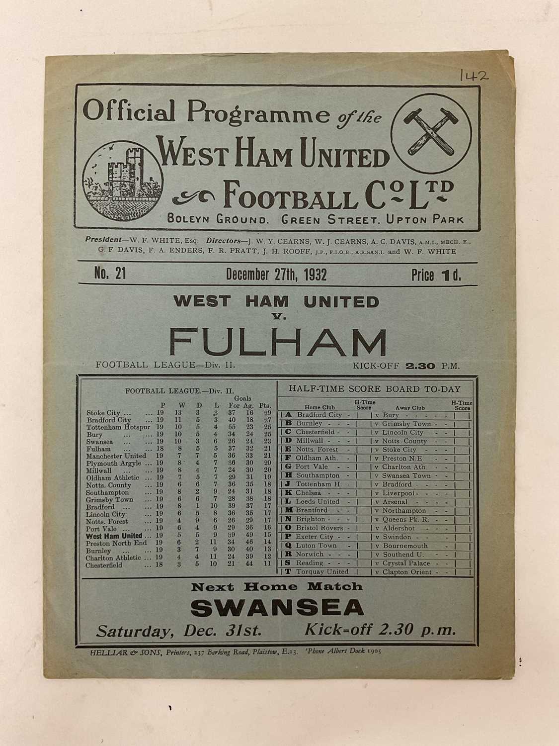 Lot 93 - West Ham v Fulham December 27th 1932 Football League Division II