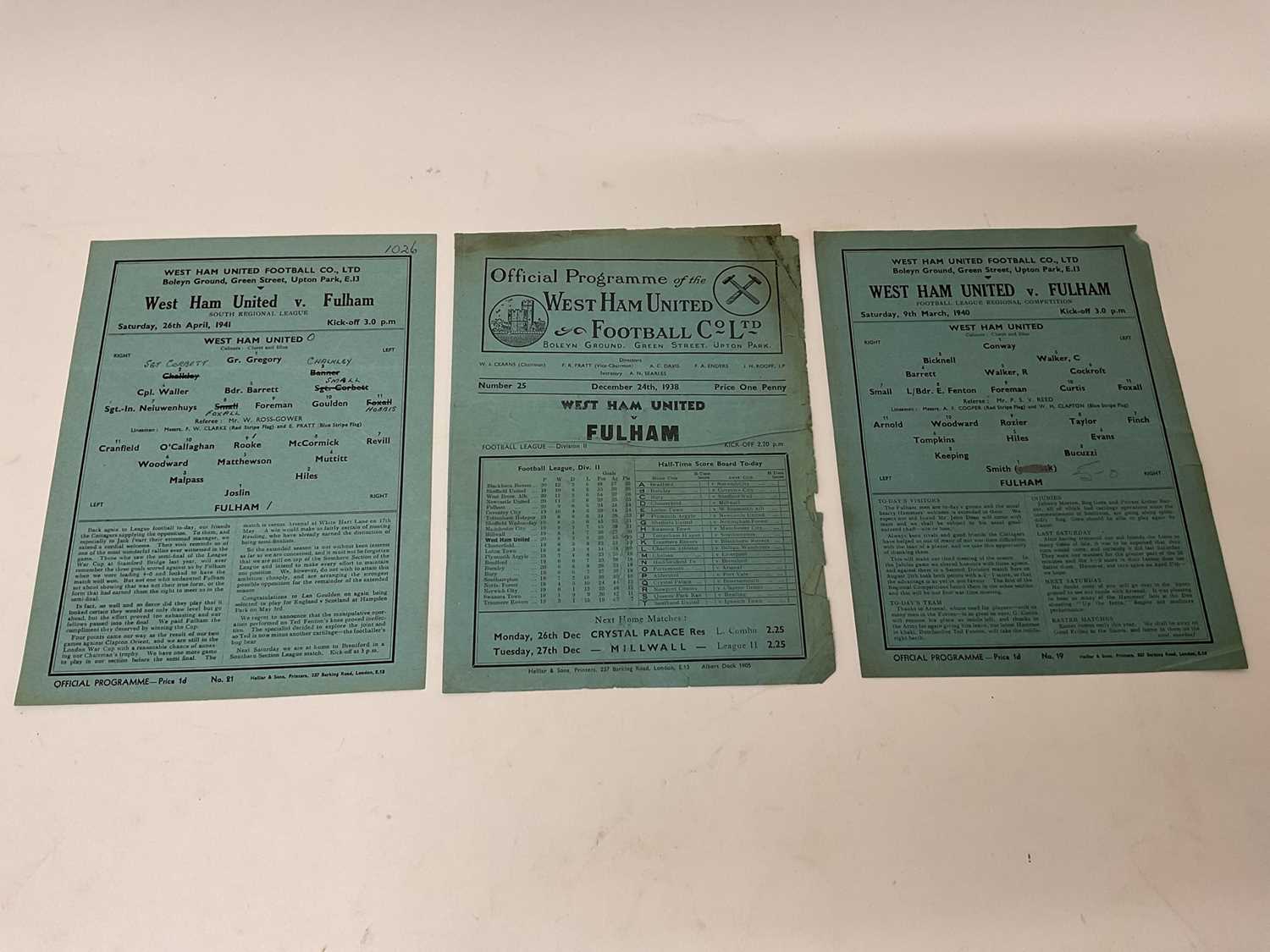 Lot 96 - West Ham v Fulham December 24th 1938, 9th March 1940 Football League Regional Competition, 26th April 1941 South Regional League (3)