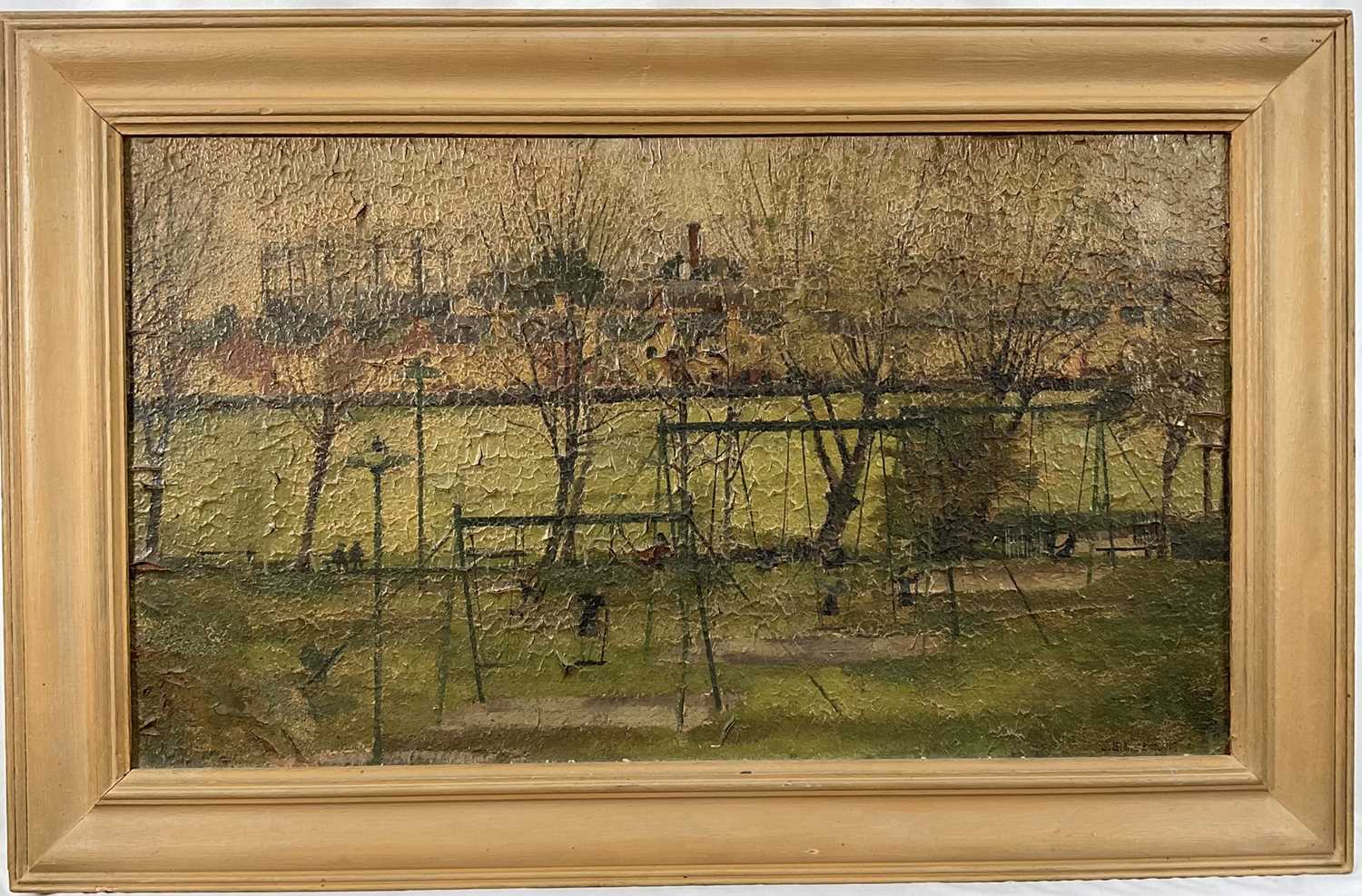 Lot 92 - S. Carratt oil on board - Playground, exhibited Young Contemporaries 1949