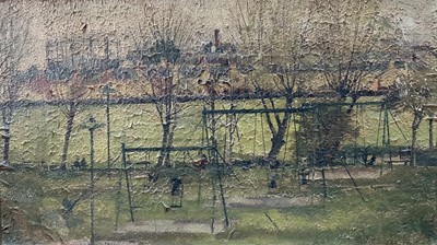Lot 92 - S. Carratt oil on board - Playground, exhibited Young Contemporaries 1949