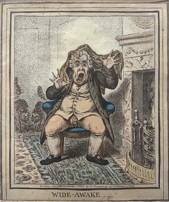 Lot 31 - James Gillray (1757-1815) hand-coloured etching - Wide Awake, pub. Hannah Humphrey, London 1806, not laid down, 19.5cm x 16.5cm, glazed frame