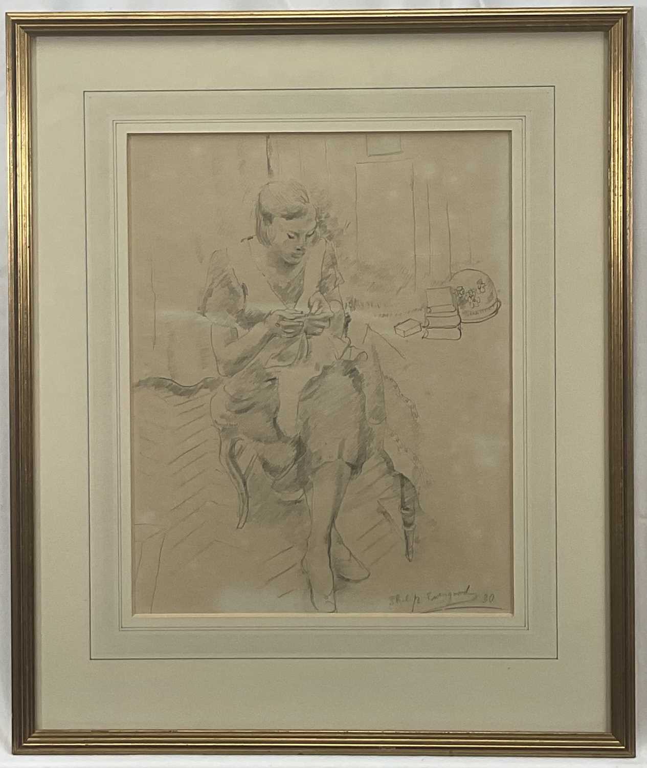 Lot 43 - Philip Howard Evergood (American 1901-1973) pencil drawing - - Seated figure sewing in an interior, signed and dated '30, 35cm x28cm, glazed frame