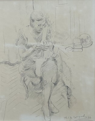 Lot 43 - Philip Howard Evergood (American 1901-1973) pencil drawing - - Seated figure sewing in an interior, signed and dated '30, 35cm x28cm, glazed frame