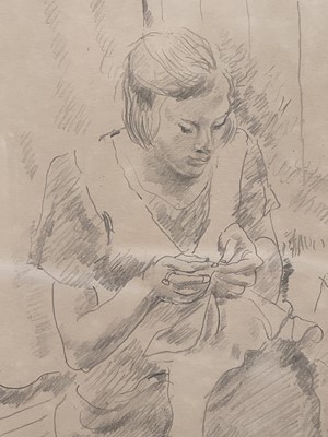 Lot 43 - Philip Howard Evergood (American 1901-1973) pencil drawing - - Seated figure sewing in an interior, signed and dated '30, 35cm x28cm, glazed frame