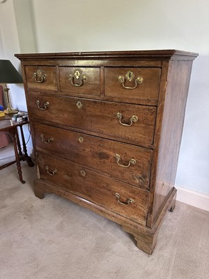 Lot 1250 - 18th century East Anglian fruitwood chest of three short and three long drawers (losses)