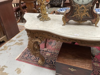 Lot 1260 - 19th century gilt painted and carved console table on four scroll cabriole legs with floral crestings and a serpentine marble top