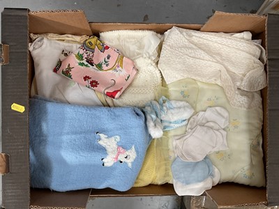 Lot 48 - Two boxes of mixed linen and lace, two boxes of material, two boxes of vintage sewing items, and one box of vintage baby clothes (7 boxes)