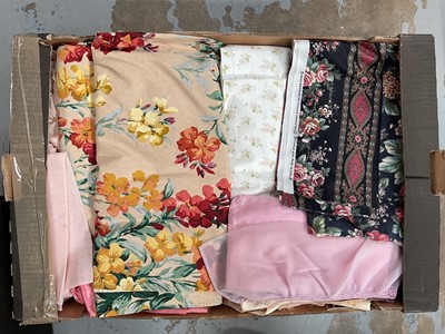 Lot 48 - Two boxes of mixed linen and lace, two boxes of material, two boxes of vintage sewing items, and one box of vintage baby clothes (7 boxes)