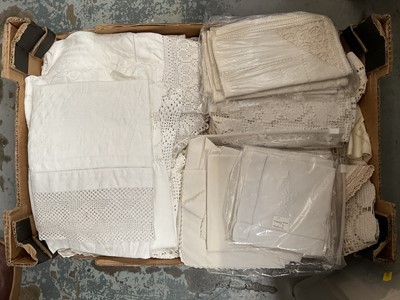 Lot 48 - Two boxes of mixed linen and lace, two boxes of material, two boxes of vintage sewing items, and one box of vintage baby clothes (7 boxes)