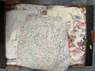 Lot 48 - Two boxes of mixed linen and lace, two boxes of material, two boxes of vintage sewing items, and one box of vintage baby clothes (7 boxes)