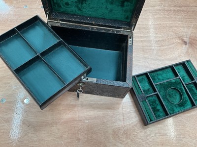 Lot 14 - Victorian leather jewellery box with original fitted green velvet interior and Bramah lock with key