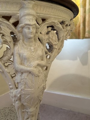 Lot 1274 - Late Victorian white painted cast iron pub table, the three legs with figures of Britannia and motto 'Slavery Abolished', joined by an undertier