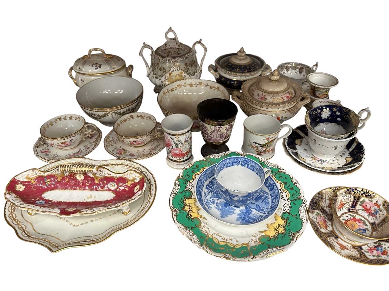 Lot 71 - Group of mostly 19th century English porcelain, tea and dinnerware, cabinet plates, cups and saucers, various factories
