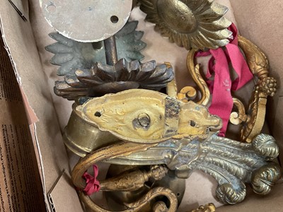 Lot 28 - Good set of six antique brass curtain ties together with one tie in the shape of Prince of Wales Feathers
