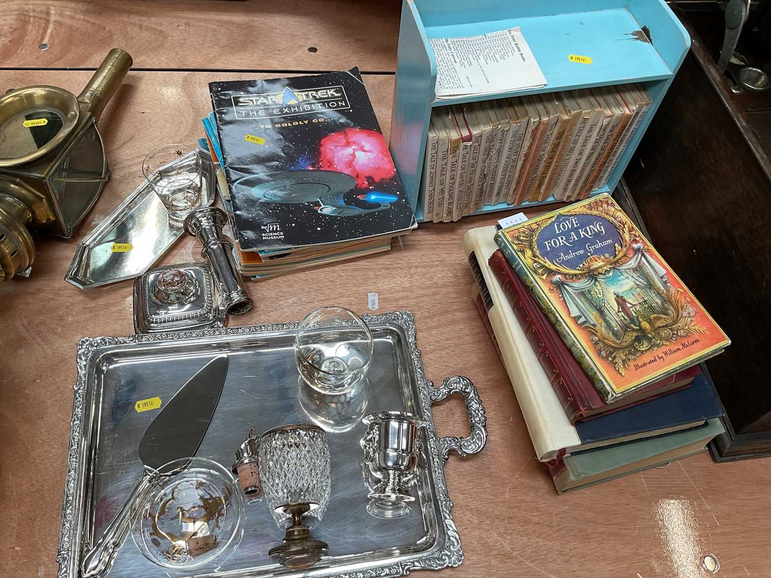 Lot 81 - Sundry items, including Sheffield plate, limited edition books, Peter Rabbit books in a bookcase, Star Trek albums, etc