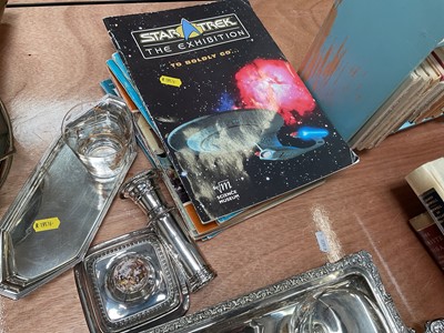 Lot 81 - Sundry items, including Sheffield plate, limited edition books, Peter Rabbit books in a bookcase, Star Trek albums, etc