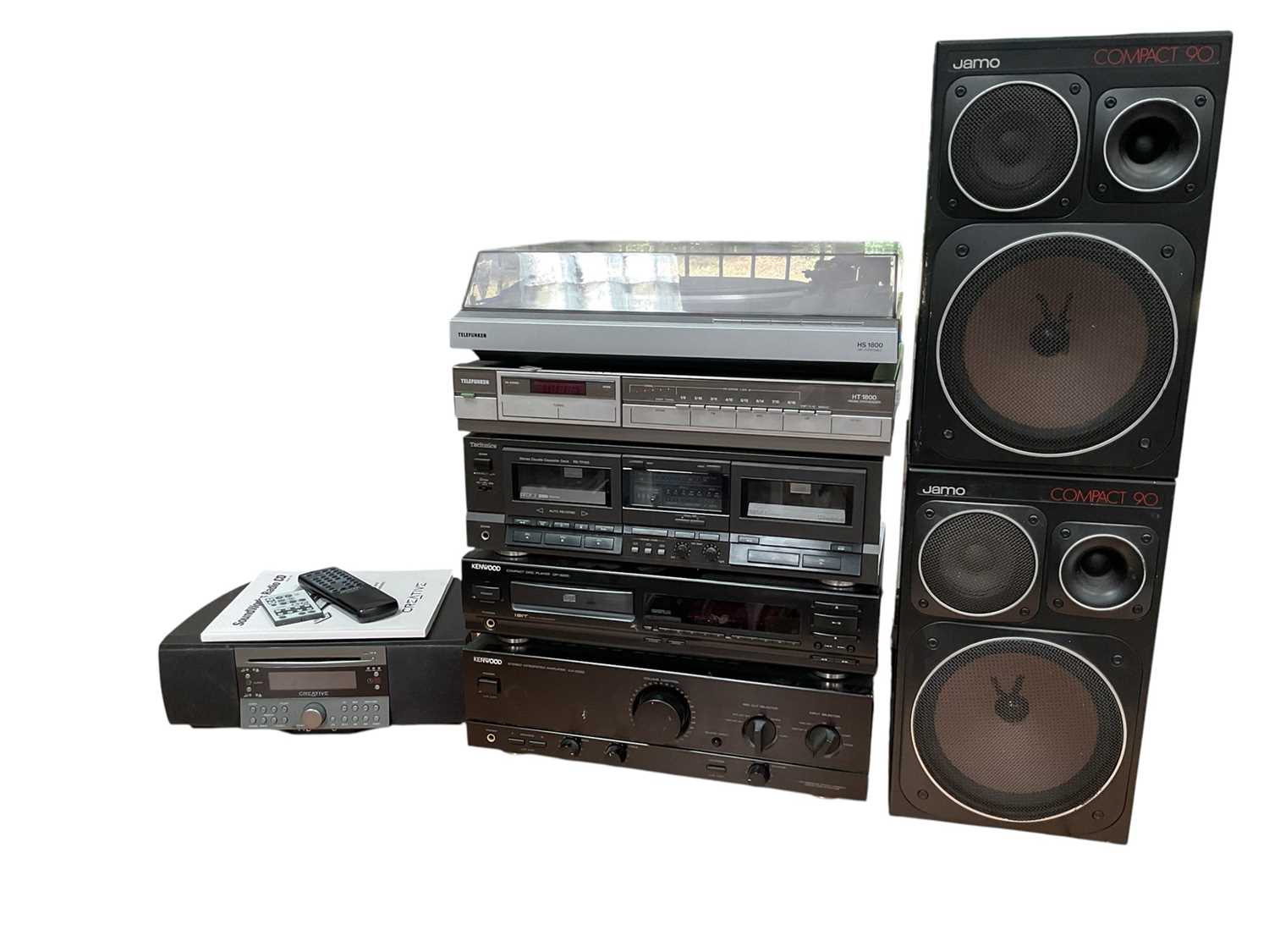 Lot 5 - Quantity of music systems, Telefunken HIFI Turntable HS100, Telefunken Synthesizer HT 1800, Technics cassette deck RS-TR165, Kenwood compact disc player, Kenwood stereo integrated amplifier toge...