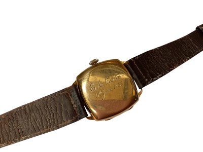 Lot 94 - 1930s 18ct gold cased wristwatch on leather strap