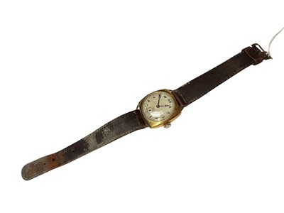 Lot 94 - 1930s 18ct gold cased wristwatch on leather strap