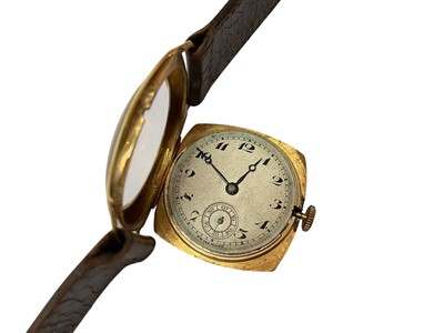 Lot 94 - 1930s 18ct gold cased wristwatch on leather strap