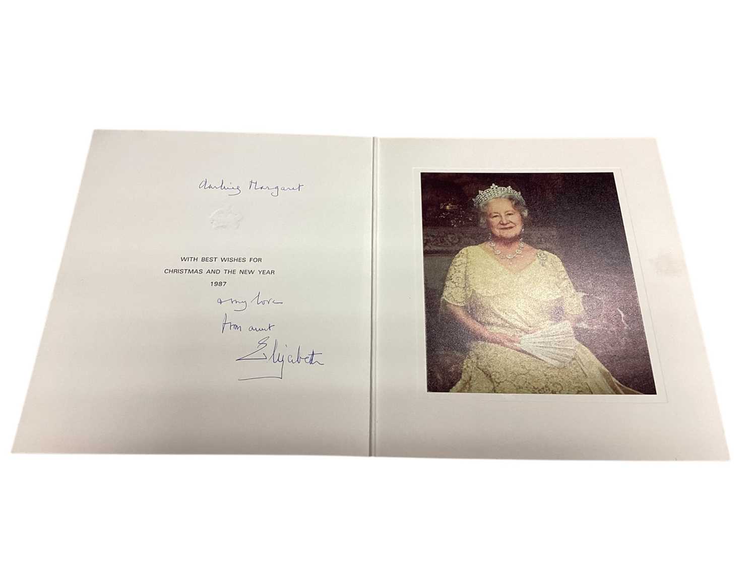 Lot 9 - H.M. Queen Elizabeth The Queen Mother, scarce signed 1987 family Christmas card with gilt embossed crown to cover, colour photograph of Her Majesty in a ball gown to the interior, signed in ink...