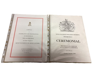 Lot 23 - H.M. Queen Elizabeth The Queen Mother a group of official ephemera including 100th Birthday Thanksgiving Service Ceremonials (x2) and Order of Service, National Tribute to The Queen Mother for he...