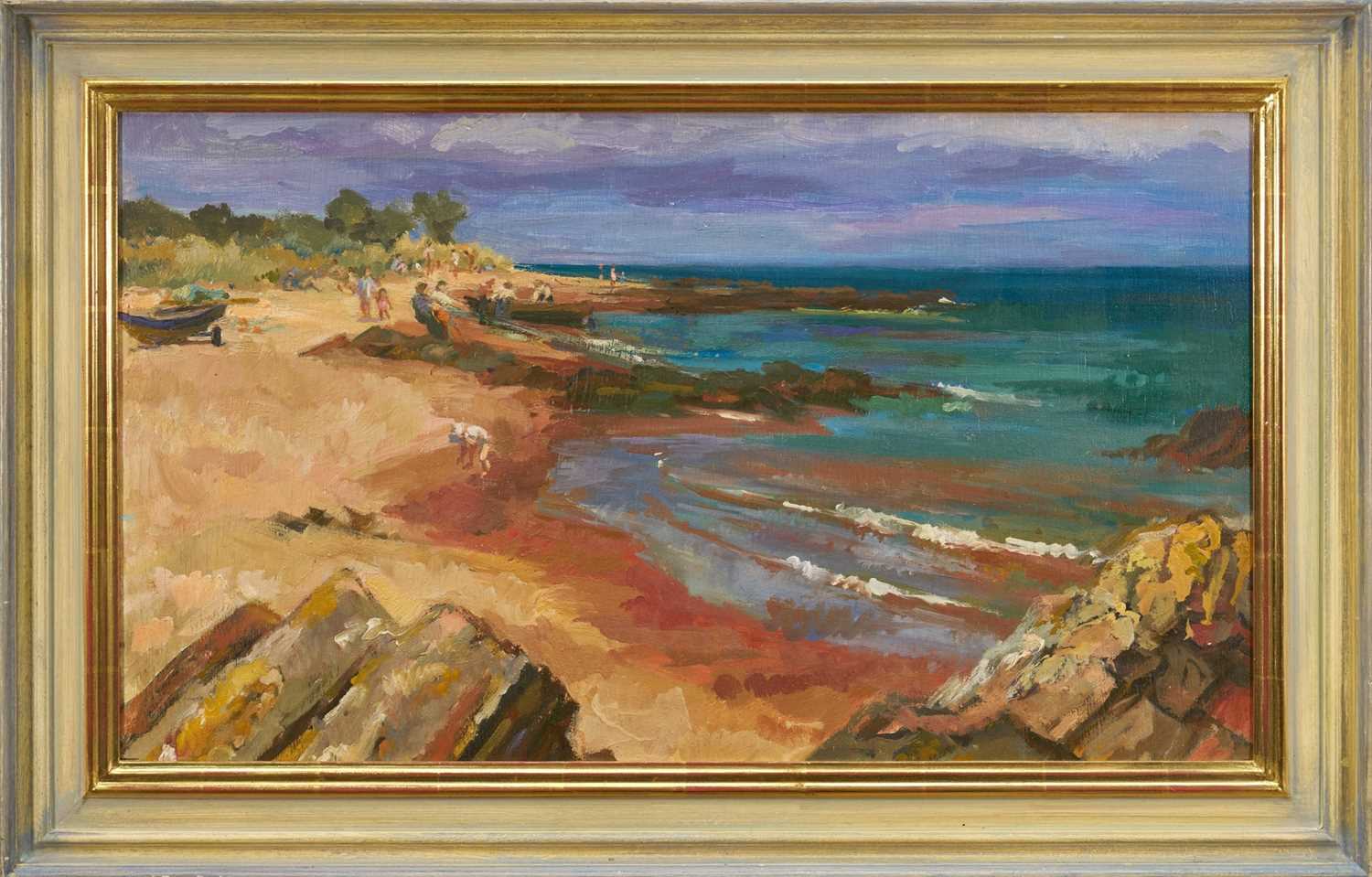 Lot 891 - *Tessa Spencer Pryse (b.1940) oil on board - Salmon Netting, The Moray Firth, signed and titled verso, 45cm x 77cm, framed