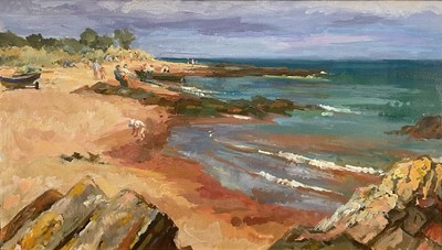 Lot 891 - *Tessa Spencer Pryse (b.1940) oil on board - Salmon Netting, The Moray Firth, signed and titled verso, 45cm x 77cm, framed