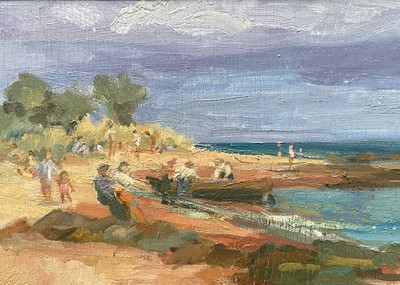 Lot 891 - *Tessa Spencer Pryse (b.1940) oil on board - Salmon Netting, The Moray Firth, signed and titled verso, 45cm x 77cm, framed