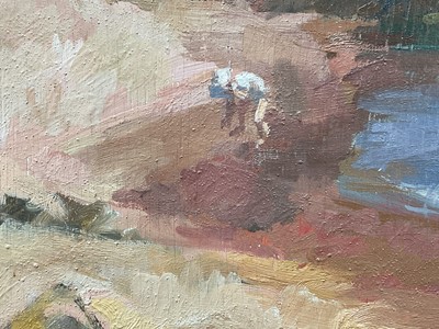 Lot 891 - *Tessa Spencer Pryse (b.1940) oil on board - Salmon Netting, The Moray Firth, signed and titled verso, 45cm x 77cm, framed