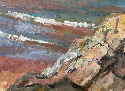 Lot 891 - *Tessa Spencer Pryse (b.1940) oil on board - Salmon Netting, The Moray Firth, signed and titled verso, 45cm x 77cm, framed