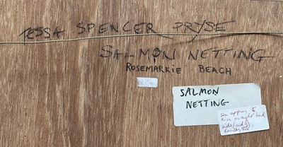 Lot 891 - *Tessa Spencer Pryse (b.1940) oil on board - Salmon Netting, The Moray Firth, signed and titled verso, 45cm x 77cm, framed