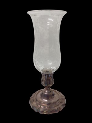 Lot 1150 - Two Baccarat etched glass hurricane lamps on plated stands, 40cm high and 39.5cm high