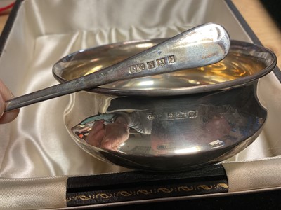 Lot 11 - 1940s silver bowl with silver teaspoon in fitted case and a Victorian silver Christening spoon and fork set in fitted case