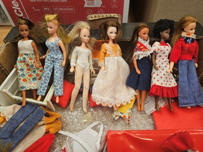 Lot 2058 - Pippa dolls no.2 (x8), Pippa doll no.3, inc. Pippa Penny Brown, Pippa Jasmine plus two Pete. Also a good selection of clothing and accessories and a red Pippa wardrobe.