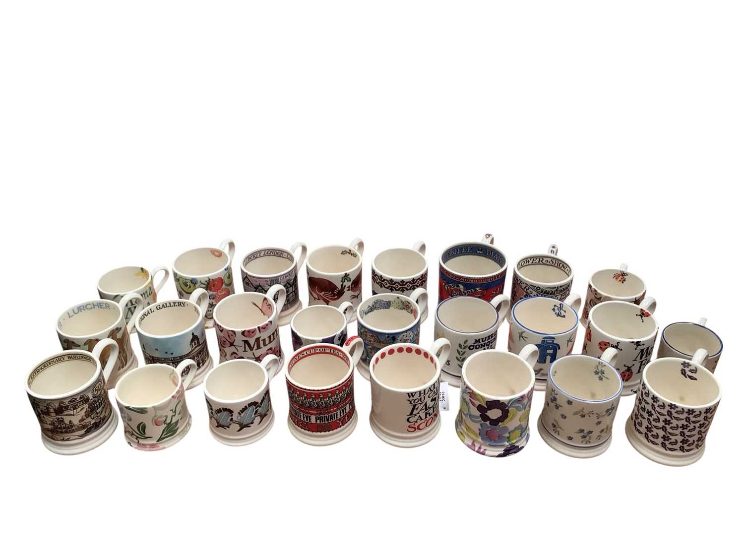 Lot 1186 - Collection of 26 Emma Bridgewater mugs in various designs and sizes, including Chelsea Flowers Show, Celebrating 50 Years of Private Eye, The National Gallery Trafalgar Square etc