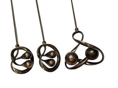Lot 36 - Three Charles Horner silver topped hat pins, pair of silver and amethyst thistle hat pins and three others (8)