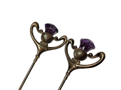 Lot 36 - Three Charles Horner silver topped hat pins, pair of silver and amethyst thistle hat pins and three others (8)