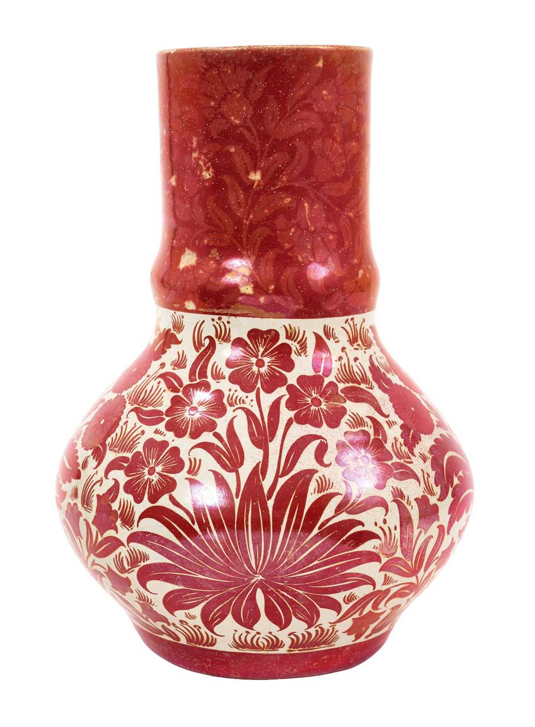 Lot 3 - William de Morgan ruby lustre pottery vase, circa 1900, decorated with foliate patterns, impressed mark and inscribed 'FP' for Fred Passenger, 23.5cm high