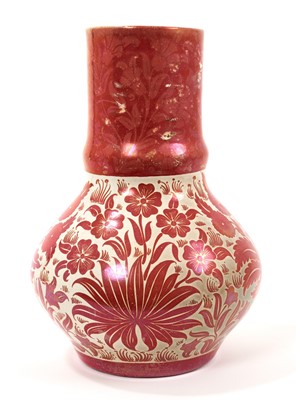 Lot 3 - William de Morgan ruby lustre pottery vase, circa 1900, decorated with foliate patterns, impressed mark and inscribed 'FP' for Fred Passenger, 23.5cm high