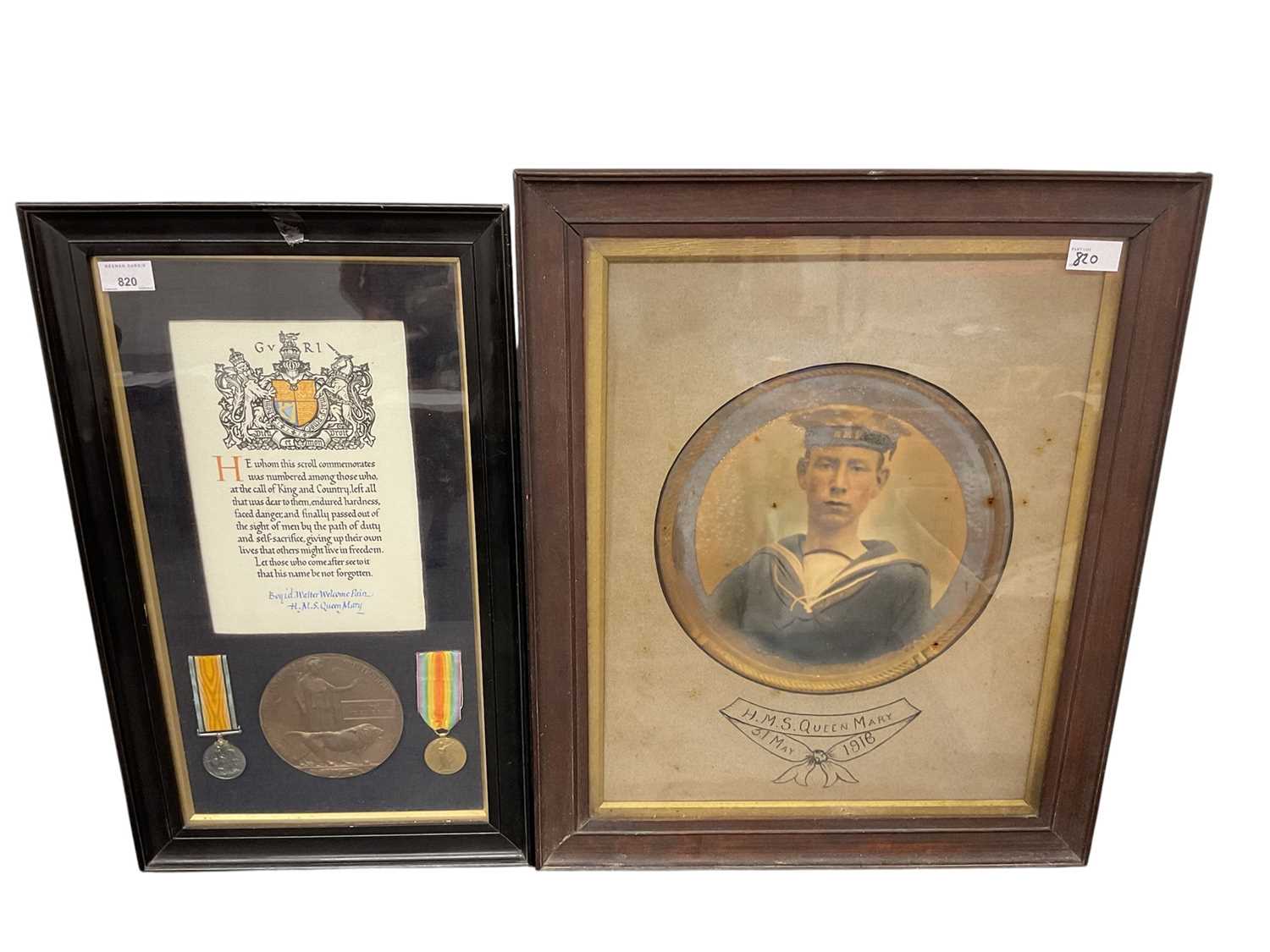 Lot 820 - First World War (Memorial) Death plaque and medals together with a framed photograph of Walter Welcome Pain.
