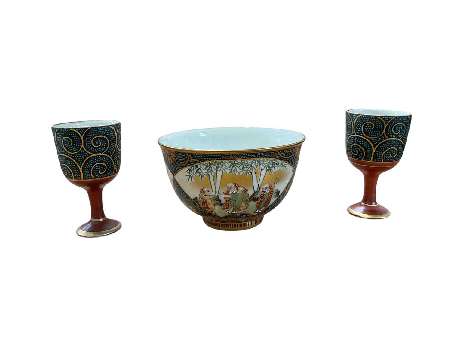 Lot 5093 - Japanese Ko-Kutani bowl and a pair of stem cups