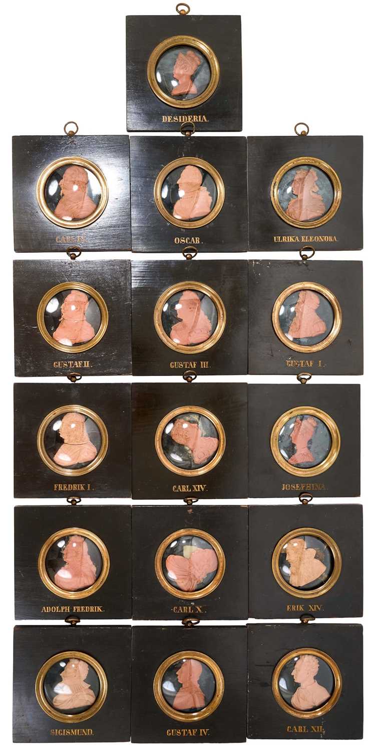 Lot 739 - Set of sixteen 19th century wax profile portraits of European royals
